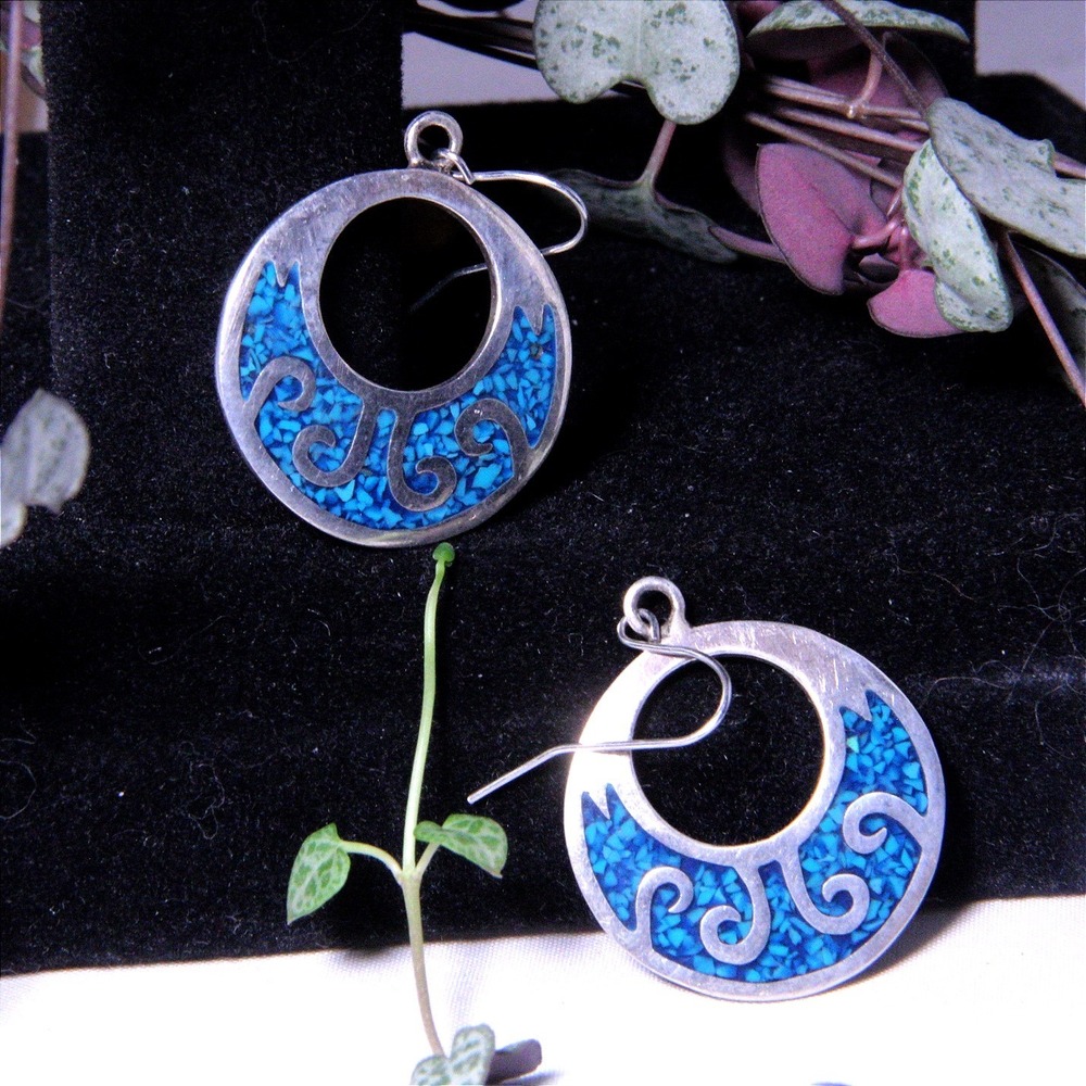 Taxco Mexico 925 Sterling Silver Turquoise Inlay Wave Hoop Drop Earrings TC-131